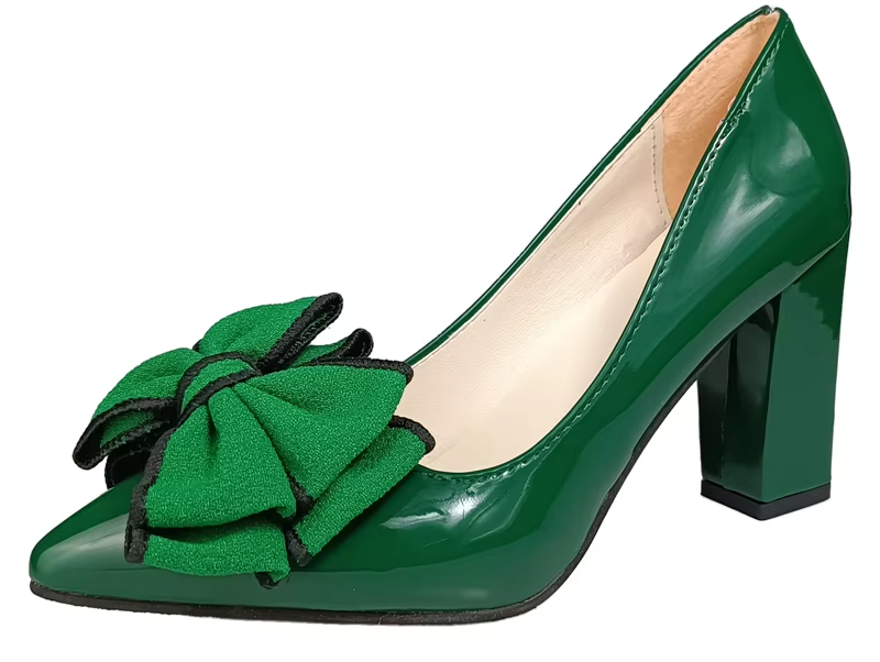 Women Square Heel Double Layer Dark Green Flowers Pumps Shoes