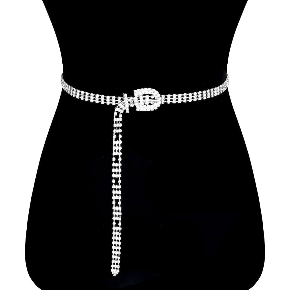 3 Rows Rhinestone Pave Embellished Detail Buckle Belt