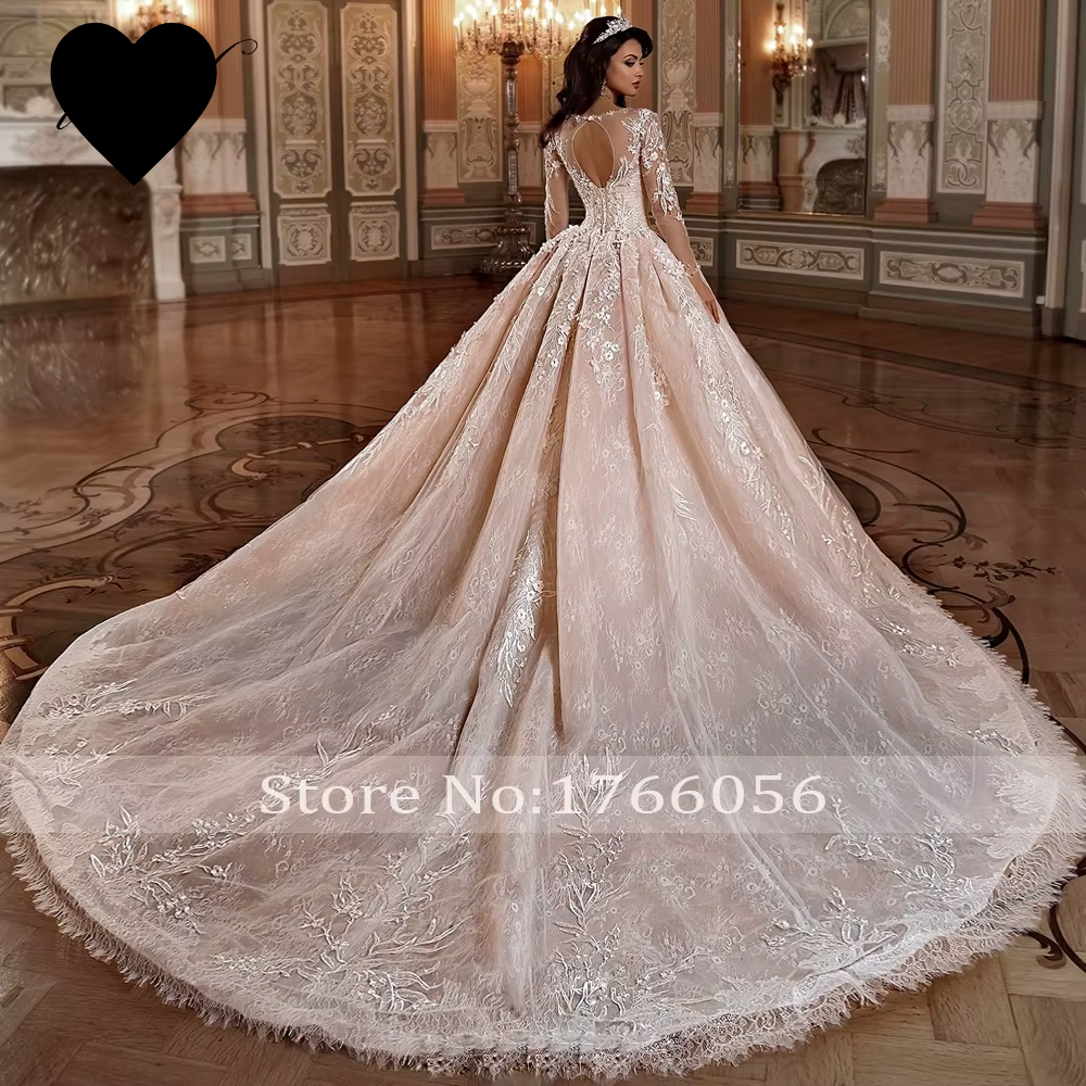 Luxury Long Sleeve Flowers Lace Ball Wedding Dresses Elegant Appliques Beaded Chapel Train