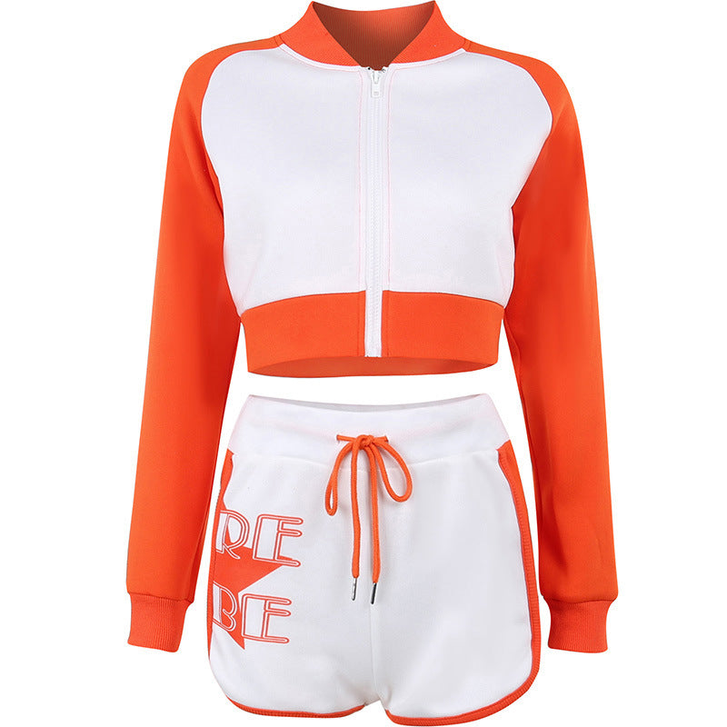Printed Colorblock Athleisure Long Sleeve Shorts Set