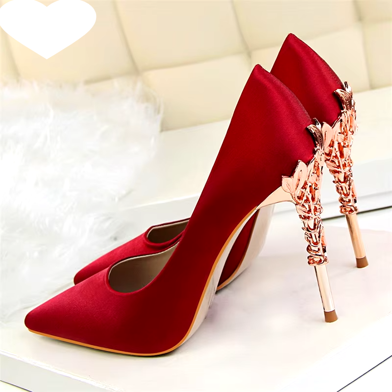 Elegant Metal Carved Heel Women Pumps Solid Silk Pointed Toe High Heels 10cm