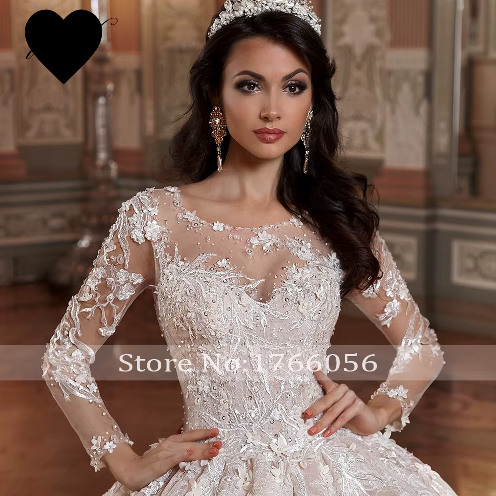 Luxury Long Sleeve Flowers Lace Ball Wedding Dresses Elegant Appliques Beaded Chapel Train