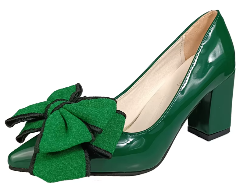 Women Square Heel Double Layer Dark Green Flowers Pumps Shoes