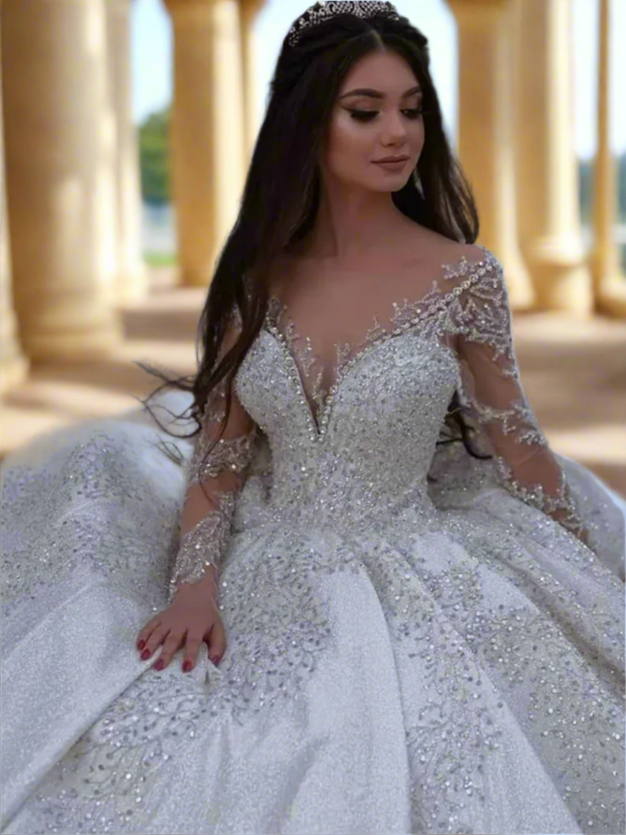 Elegant Beaded Wedding Dress Off-The-Shoulder A-line Floor-length