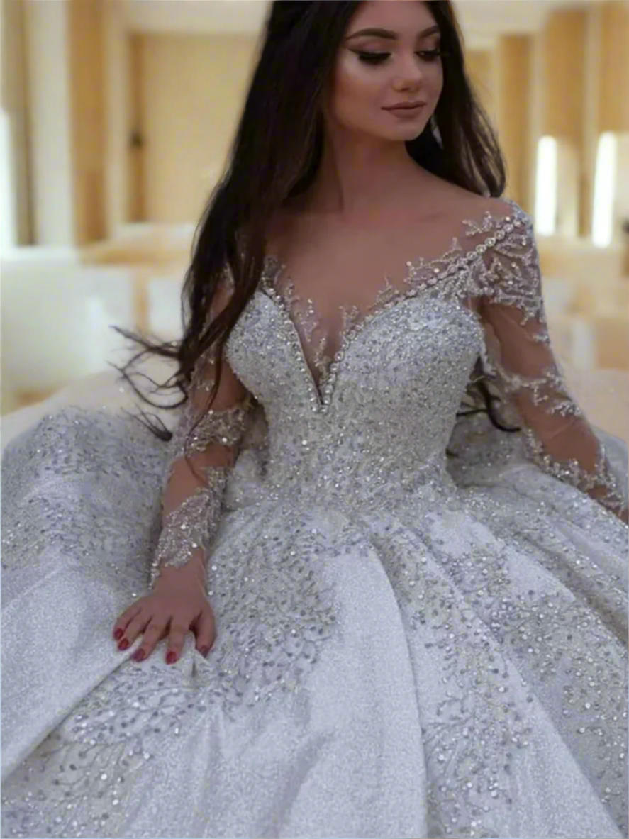 Elegant Beaded Wedding Dress Off-The-Shoulder A-line Floor-length