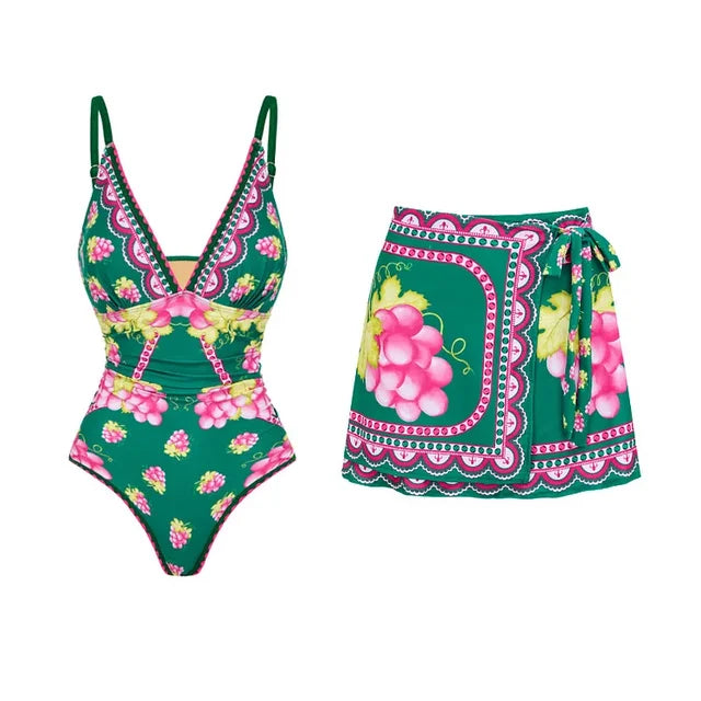 Long sleeved V-neck printed one piece swimsuit for women