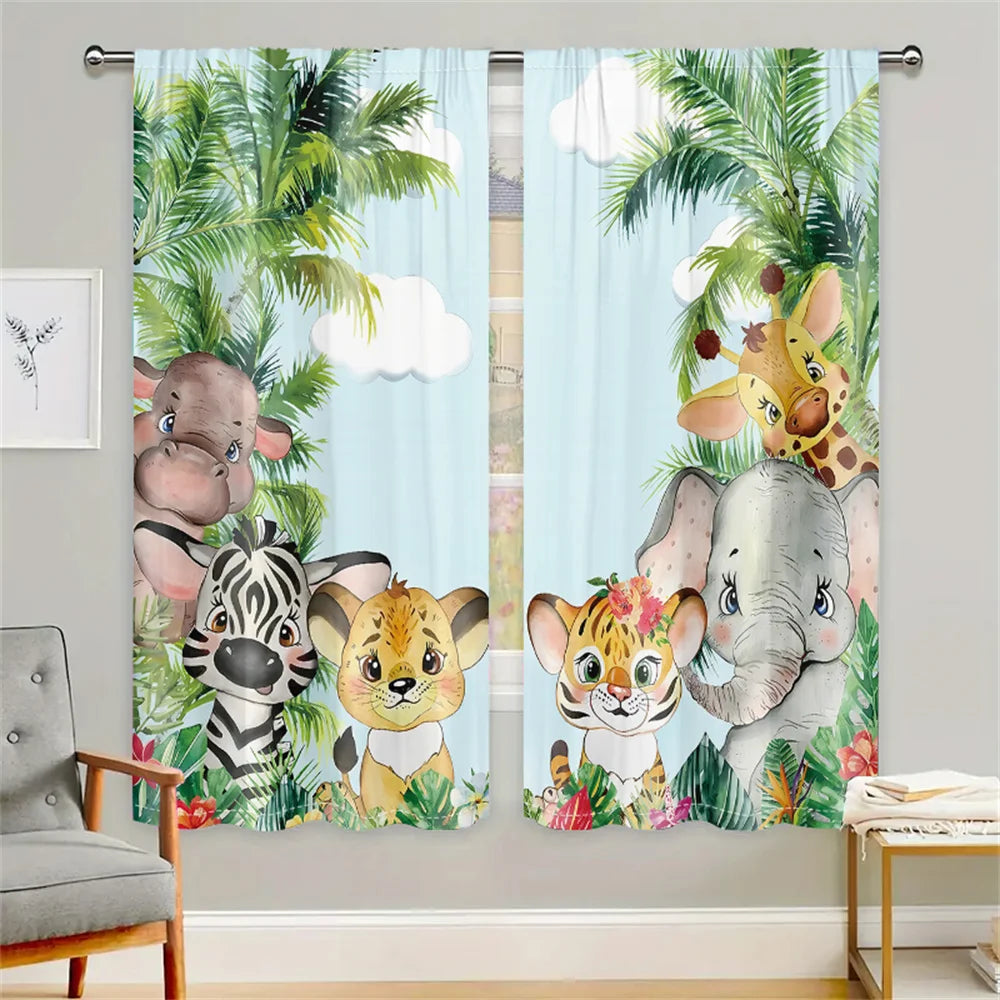 2Pcs Tropical Jungle Animal Cartoon Curtains Living Room Bedroom Window Decor or Kids Room