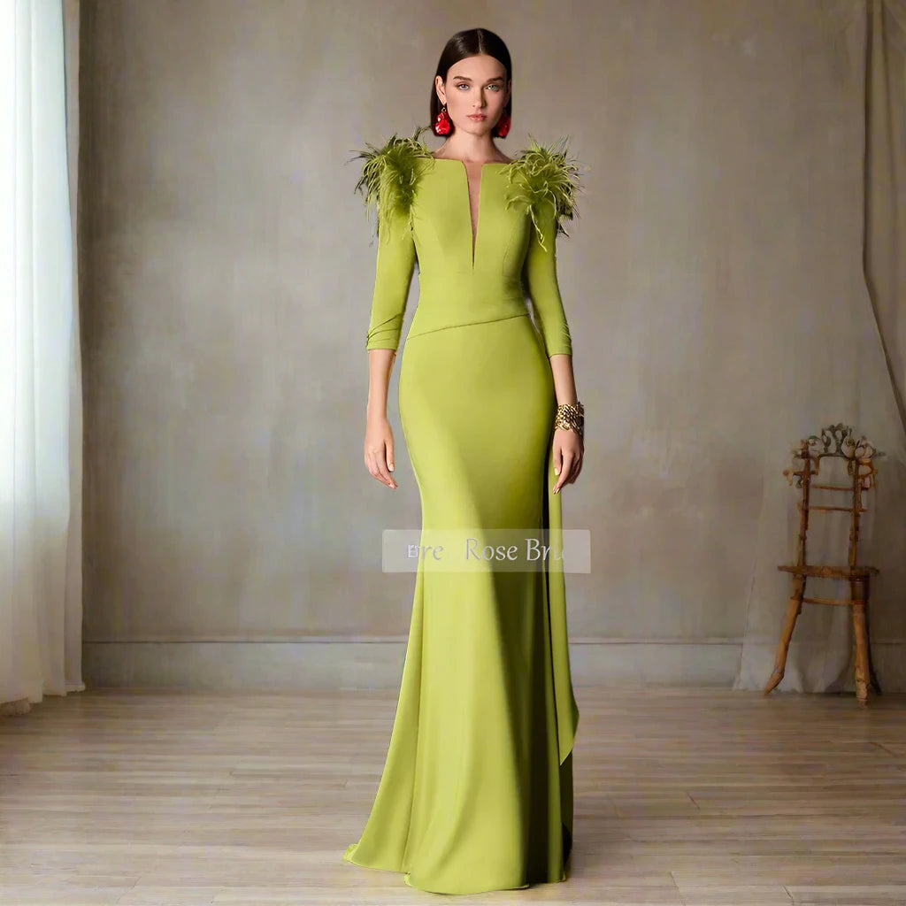 Women Classic Satin Feather Ruffles Button Formal Evening Long Dresses