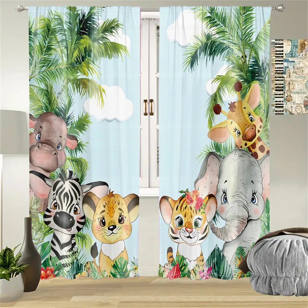 2Pcs Tropical Jungle Animal Cartoon Curtains Living Room Bedroom Window Decor or Kids Room
