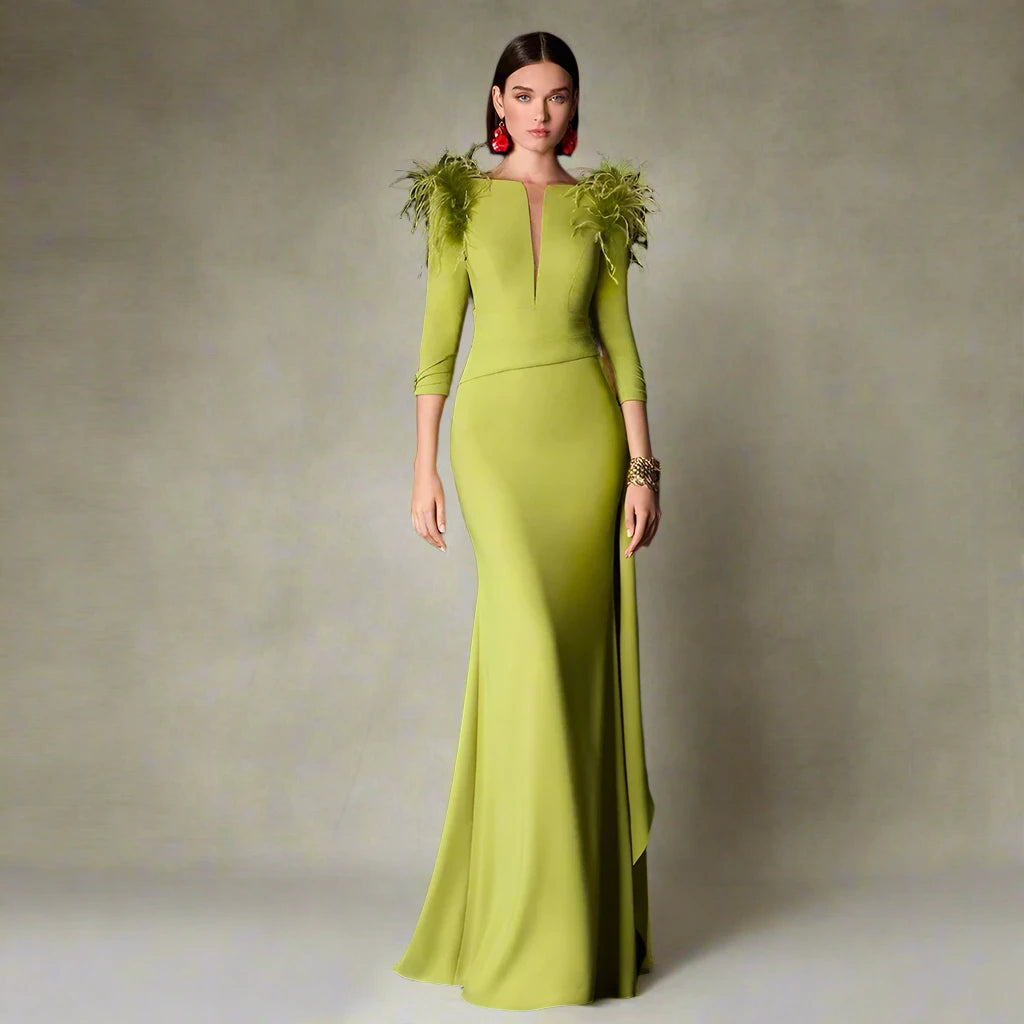 Women Classic Satin Feather Ruffles Button Formal Evening Long Dresses
