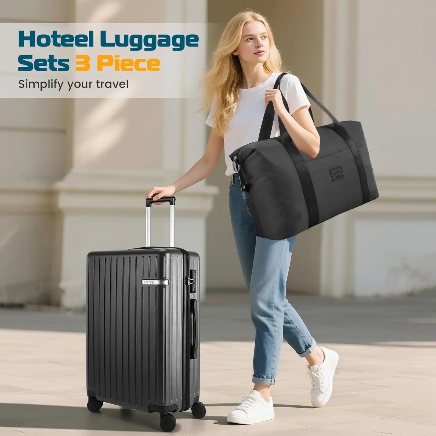 3 Piece Carry On Luggage Set ABS PC Suitcases Travel Case With Wheel Hardshell 20 inch Roller Luggage With Duffel Bag Travel Bag