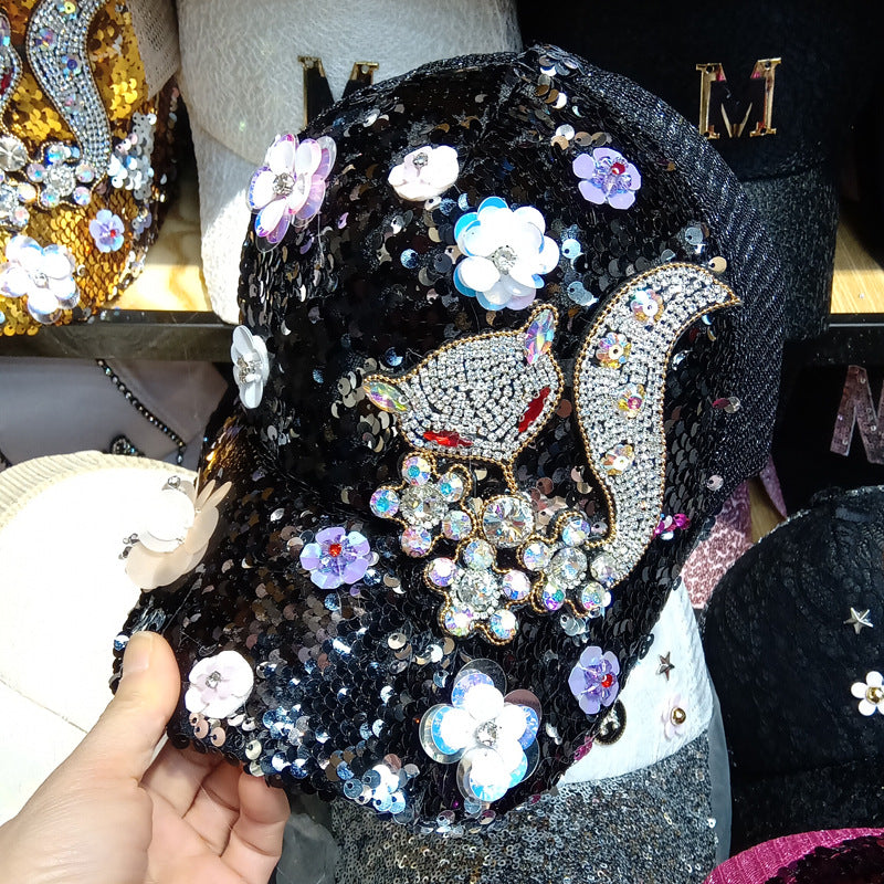Women's Summer New Rhinestone Flower Baseball Cap Sequined Sunshade Cap