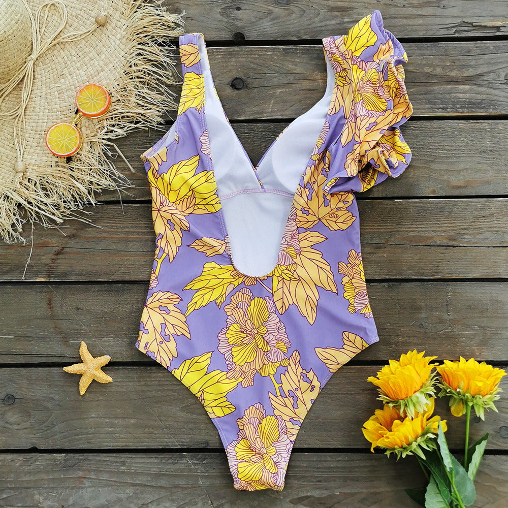 New One-Shoulder Ruffled Deep V-Neck Printed One-Piece Swimsuit Women's Backless Sexy Triangle Swimsuit
