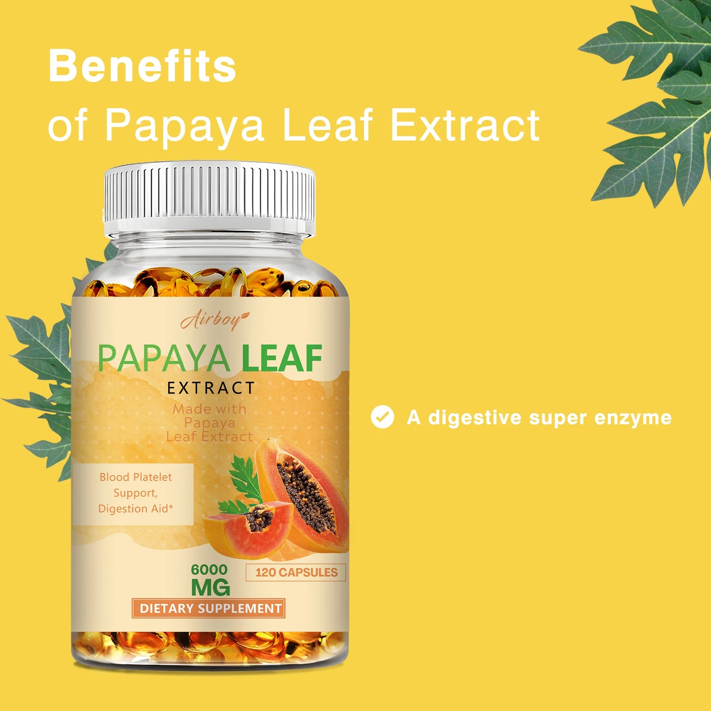 Papaya Leaf Extract Capsules - Bone Marrow & Spleen Support, Platelets, Immune and Gut Health - 120 Capsules