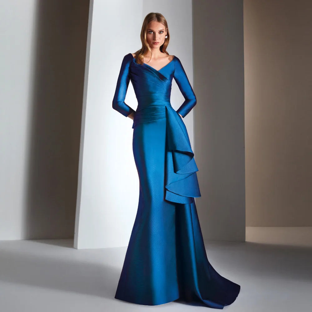 Elegant Mother Of The Bride Dresses V Neck 3/4 Sleeves Mermaid Dress Pleat Floor-Length