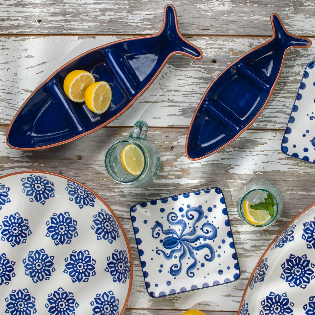 Costa Azul 4-Piece Hand Painted Octopus design Ceramic Canapes Appetizers Plates Set