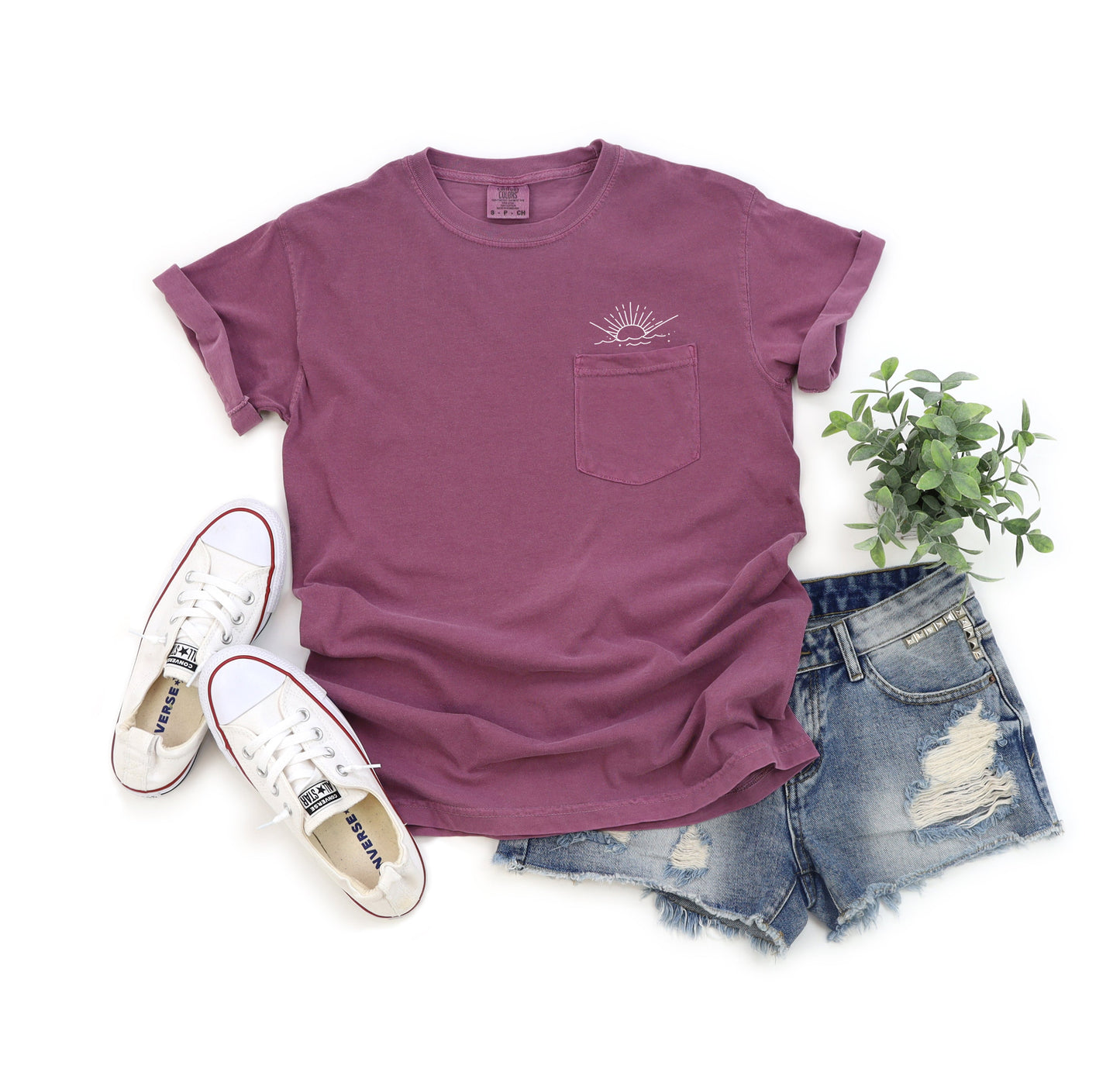 Sun and Wave Lake Beach Comfort Colors Pocket T Shirt | Nature, Camping, Plant (2)
