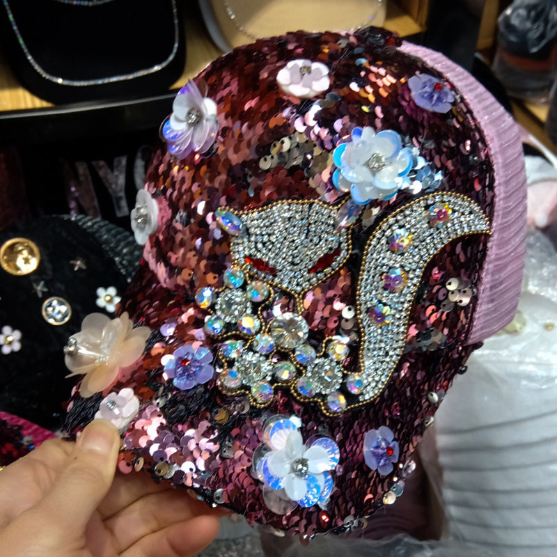 Women's Summer New Rhinestone Flower Baseball Cap Sequined Sunshade Cap