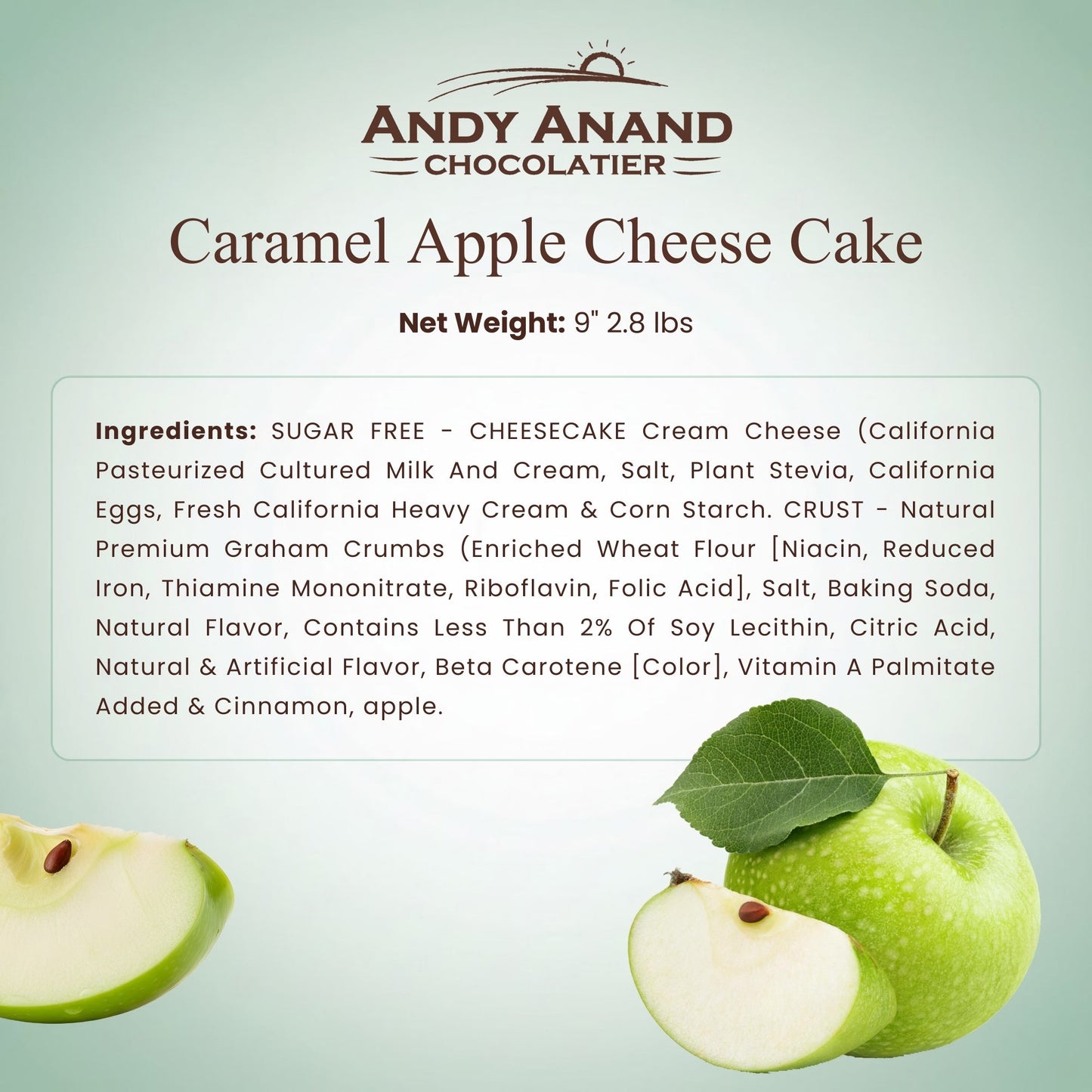Andy Anand Sugar-Free Caramel Apple Cheesecake 9" 2.8 lbs. Keto & Diabetic Friendly, No Added Sugar. Real California Cream Cheese, Artisan, Reusable Tray
