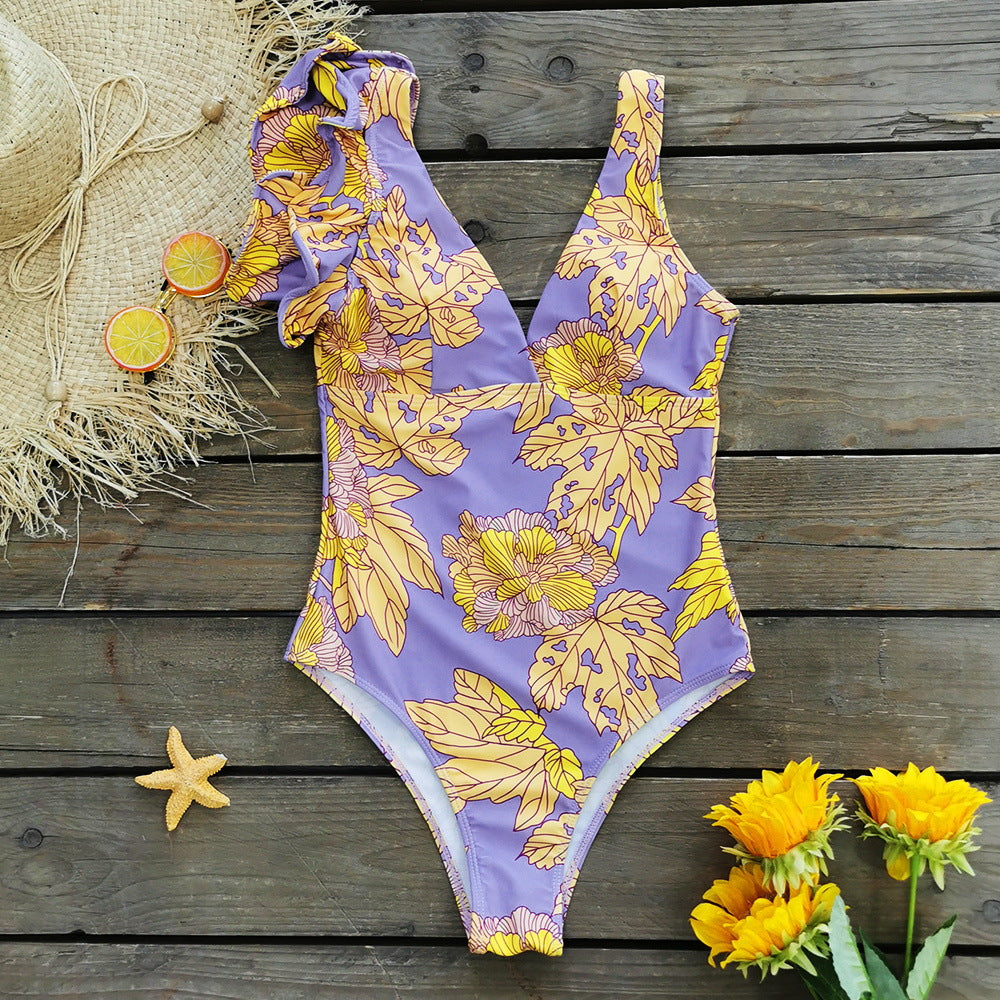 New One-Shoulder Ruffled Deep V-Neck Printed One-Piece Swimsuit Women's Backless Sexy Triangle Swimsuit