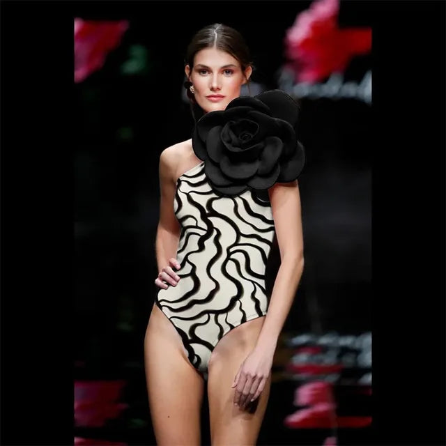 Single Shoulder 3D Large Flower Swimsuit Set Cover Up Single Piece Item Sexy One-piece Swimsuit Girl Vacation Beach Wear New2024