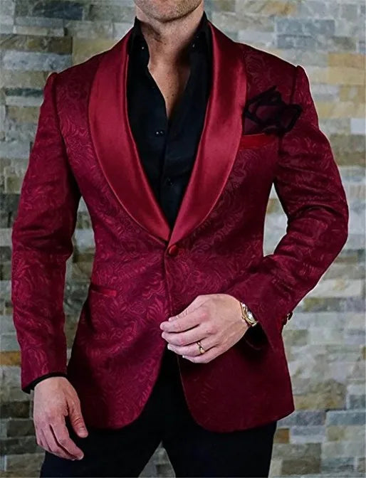 White Pattern Groom Tuxedos Shawl Satin Lapel Men Suits 2 Pieces Wedding Bridegroom (Jacket + Pants + Tie)