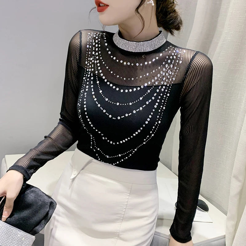 Elegant Women Long-Sleeved Stitching Mesh T-Shirt