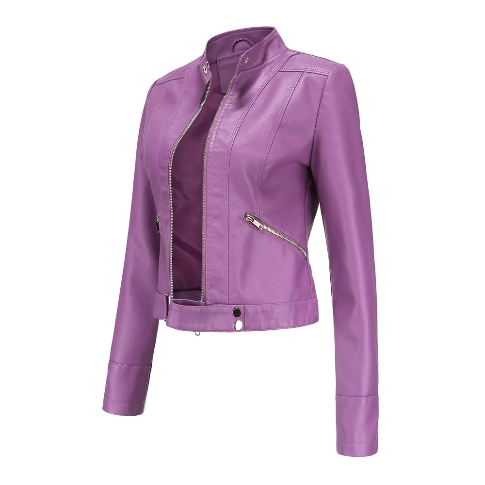 Women PU Leather Short Jacket With Belt Stand-up Collar Zipper Biker Coat