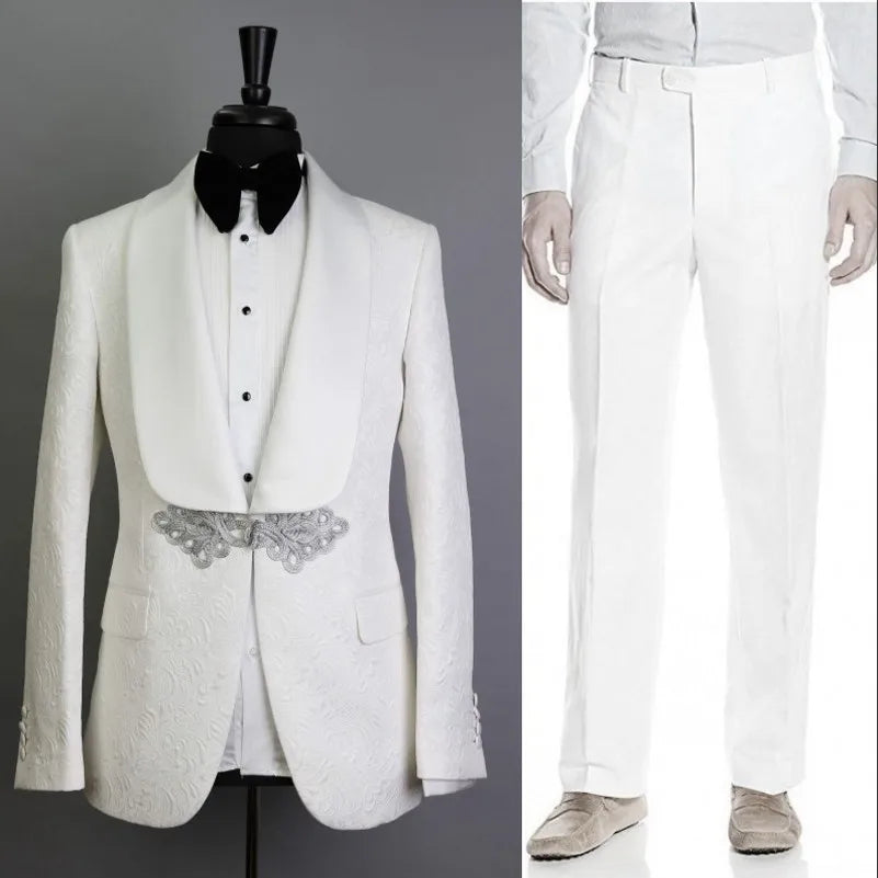White Pattern Groom Tuxedos Shawl Satin Lapel Men Suits 2 Pieces Wedding Bridegroom ( Jacket + Pants + Tie )