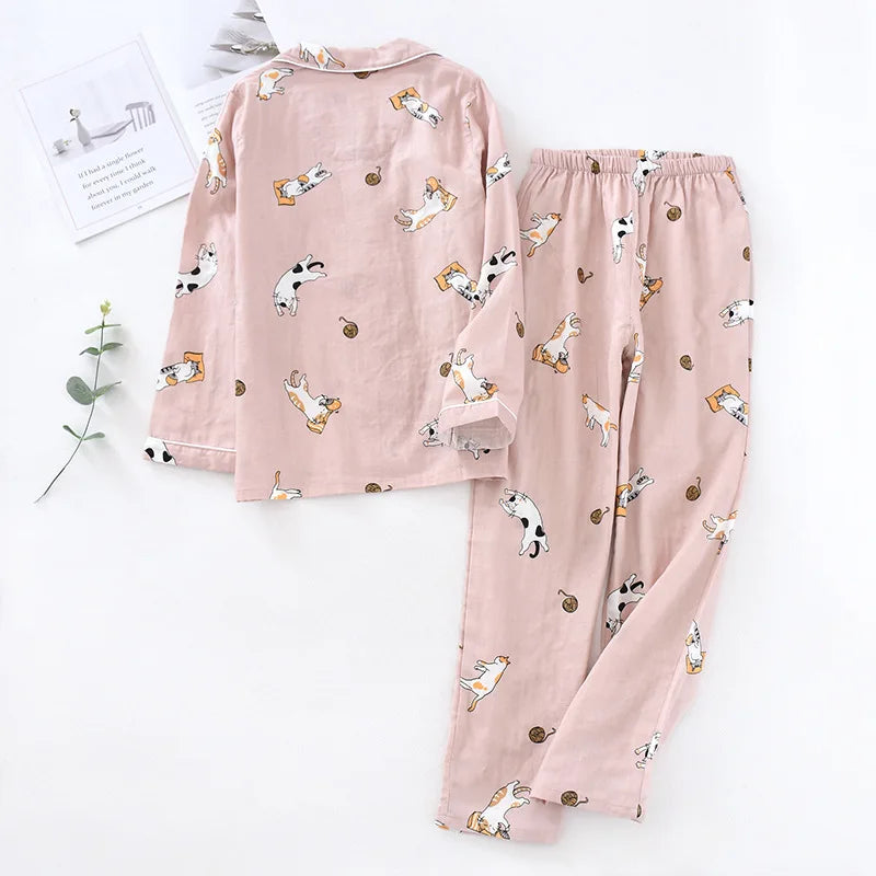 Japanese spring and autumn couples cotton gauze pajamas suit men Women cotton four seasons long-sleeved trousers