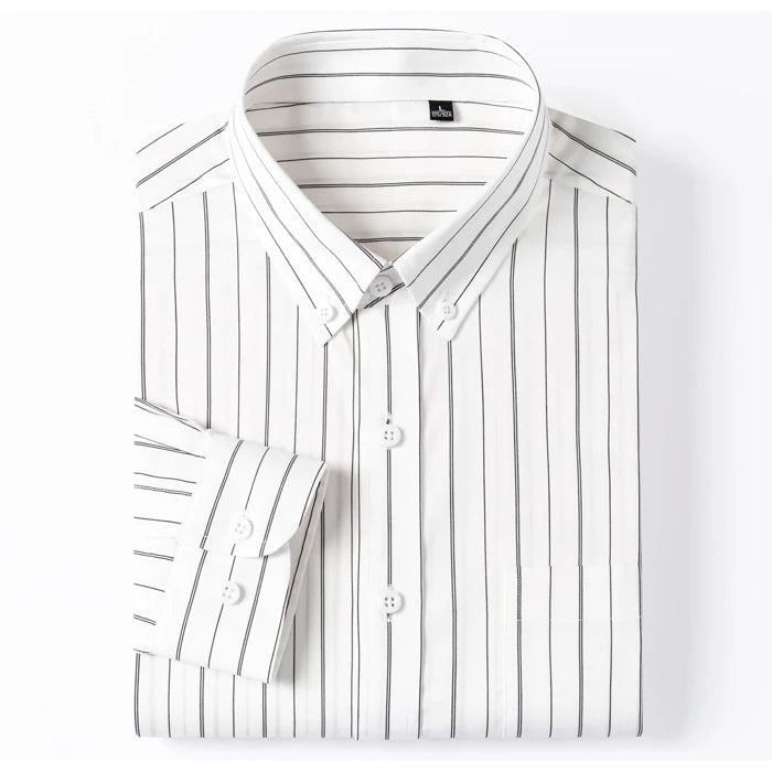 England Style Soft 100% Cotton Fashion Shirts Single Patch Pocket Long Sleeve Standard-fit Button-down Man Casual Striped Shirt