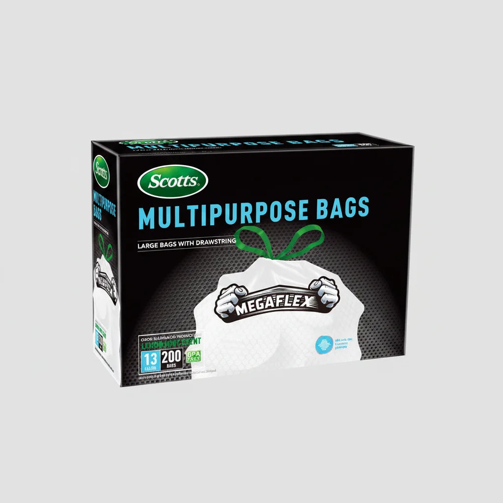 Scotts 200 Pack 13-Gallon Disposable Kitchen Trash Bags Non-Tear Puncture Resistant Deodorization Technology Boxed Drawstring