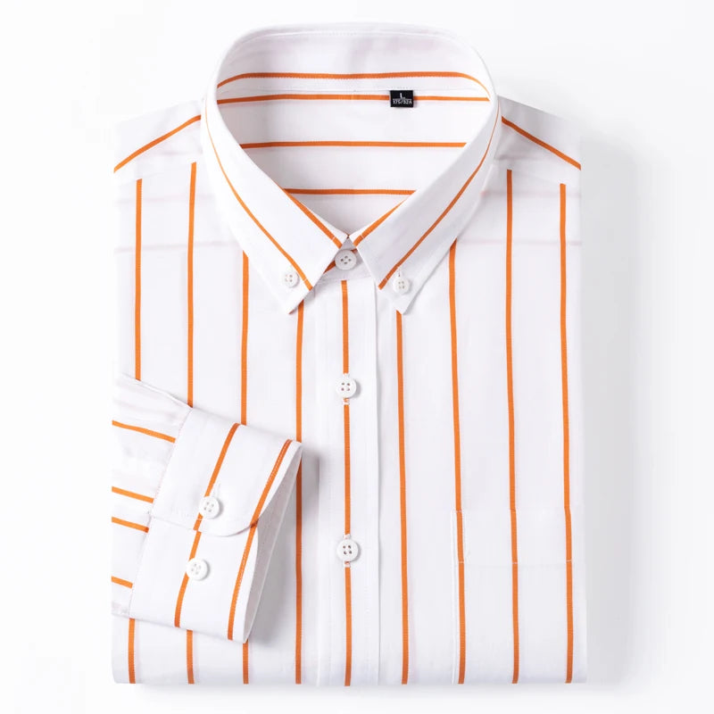 England Style Soft 100% Cotton Fashion Shirts Single Patch Pocket Long Sleeve Standard-fit Button-down Man Casual Striped Shirt