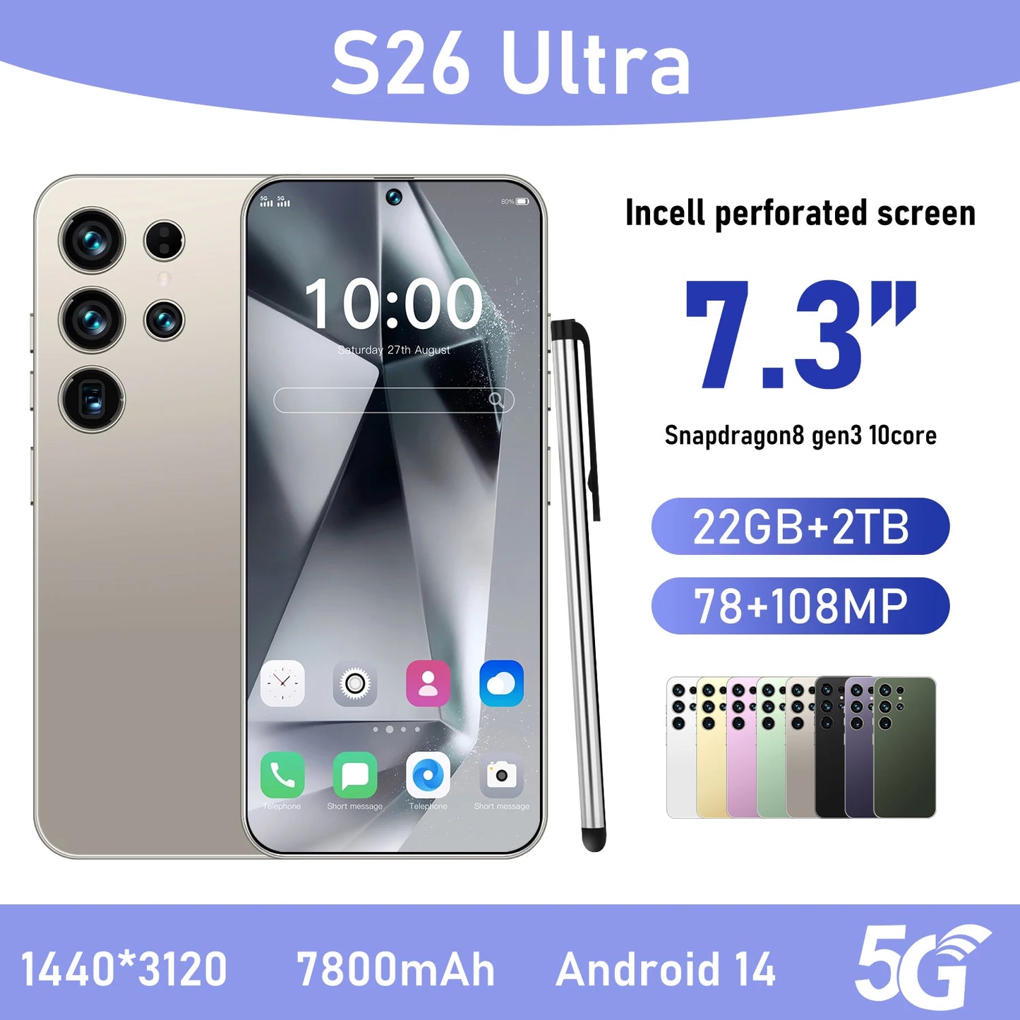 S26 Ultra 7.3 Inch 5G Smartphone 22GB+2TB Unlocked Dual SIM 72+108MP HD Android 14 100W Quick for Gaming 72+108MP Android 14
