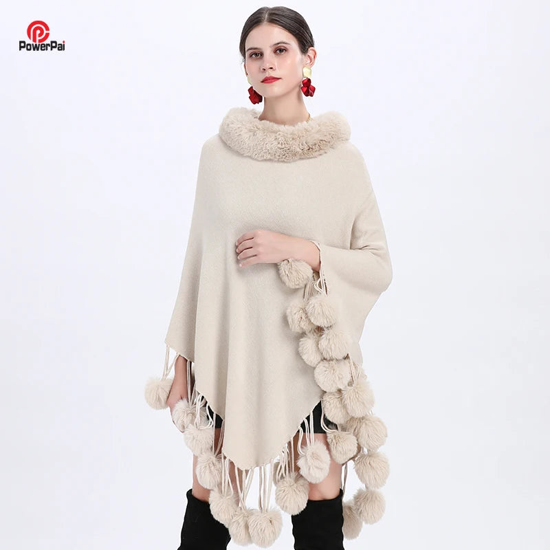 Women's Elegant Poncho Coat Faux Fur Collar Balls Autumn or Winter Knit Pullover Cape