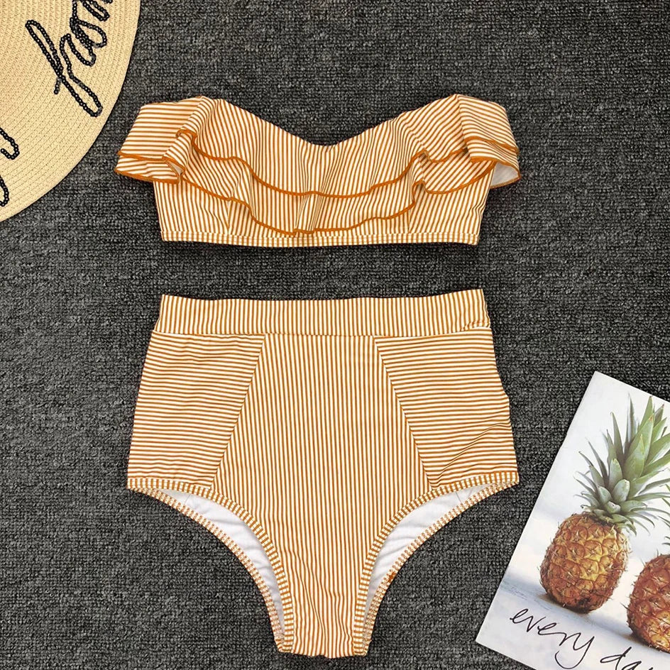 Sexy Striped Ruffled Bikini 2026 Bandeau Push Up Swimwear Women Swimsuit High Waist Bikinis Set Swimming for Women Bathing Suits