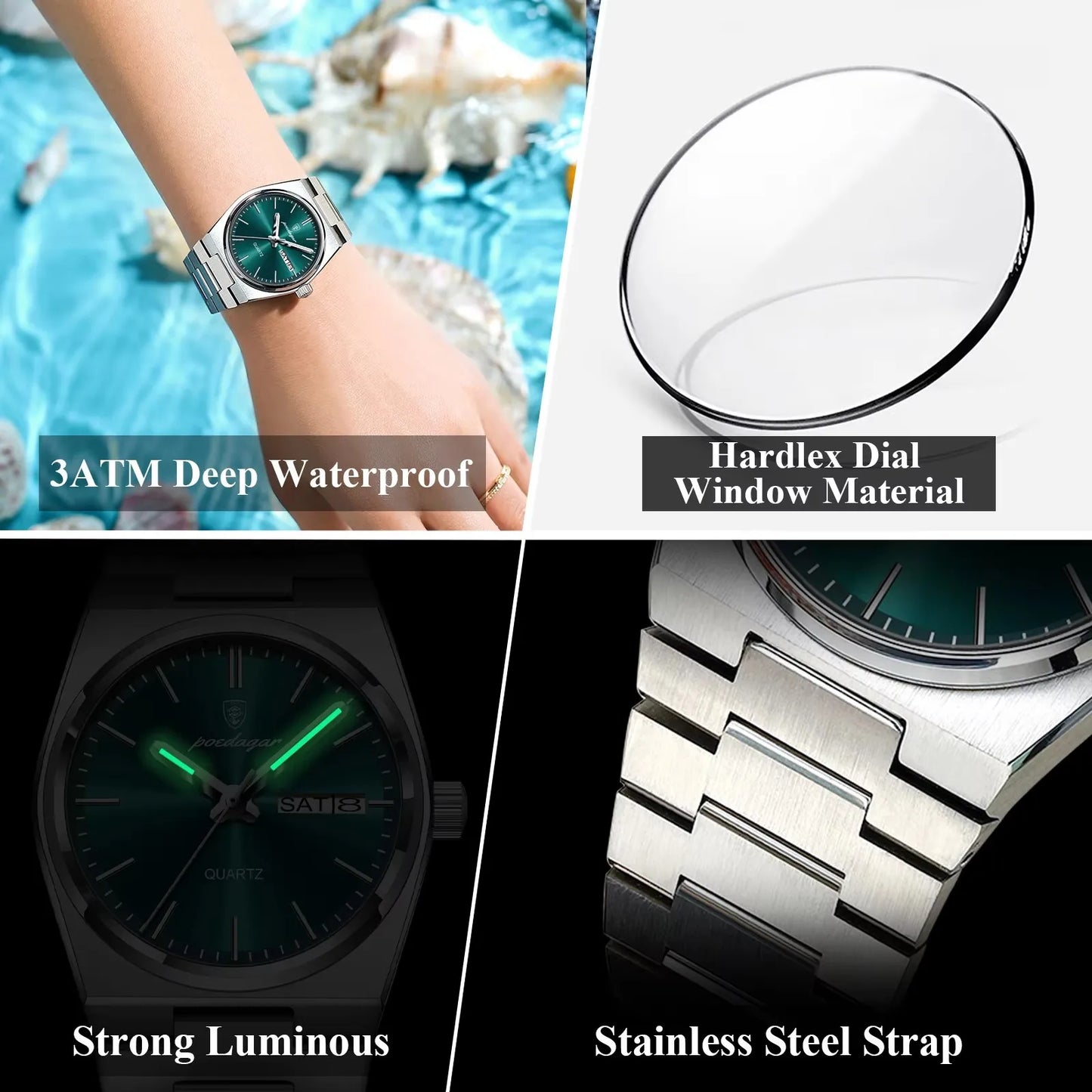 Luxury Watch for Woman Elegant Quartz Waterproof Luminous Date Week Stainless Steel