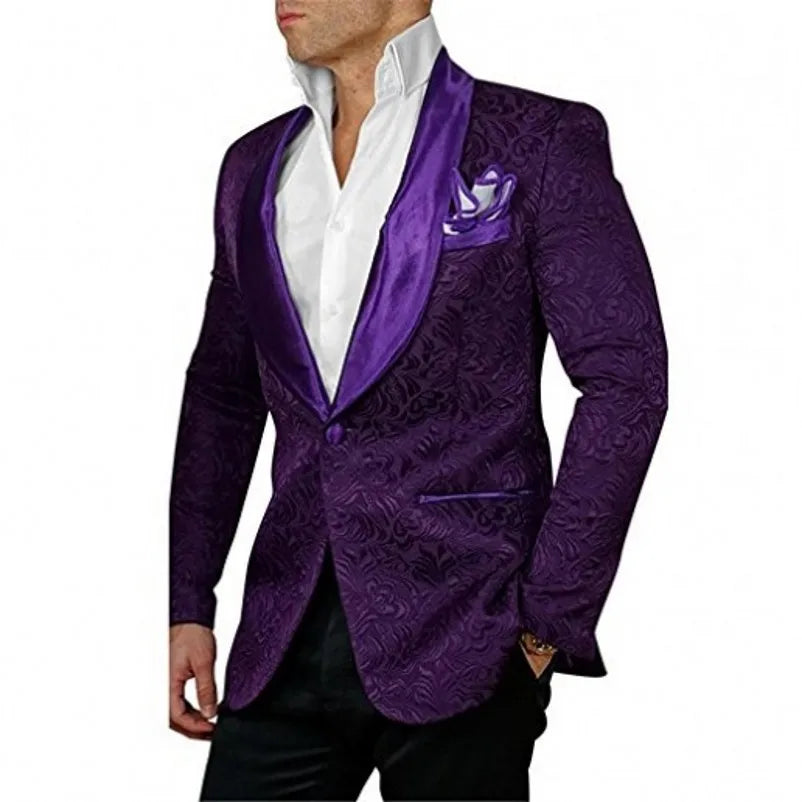 White Pattern Groom Tuxedos Shawl Satin Lapel Men Suits 2 Pieces Wedding Bridegroom (Jacket + Pants + Tie)