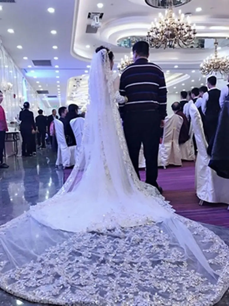 Luxury Cathedral Bridal Veils Sequins 3M 4M 5M Appliques Lace Edge