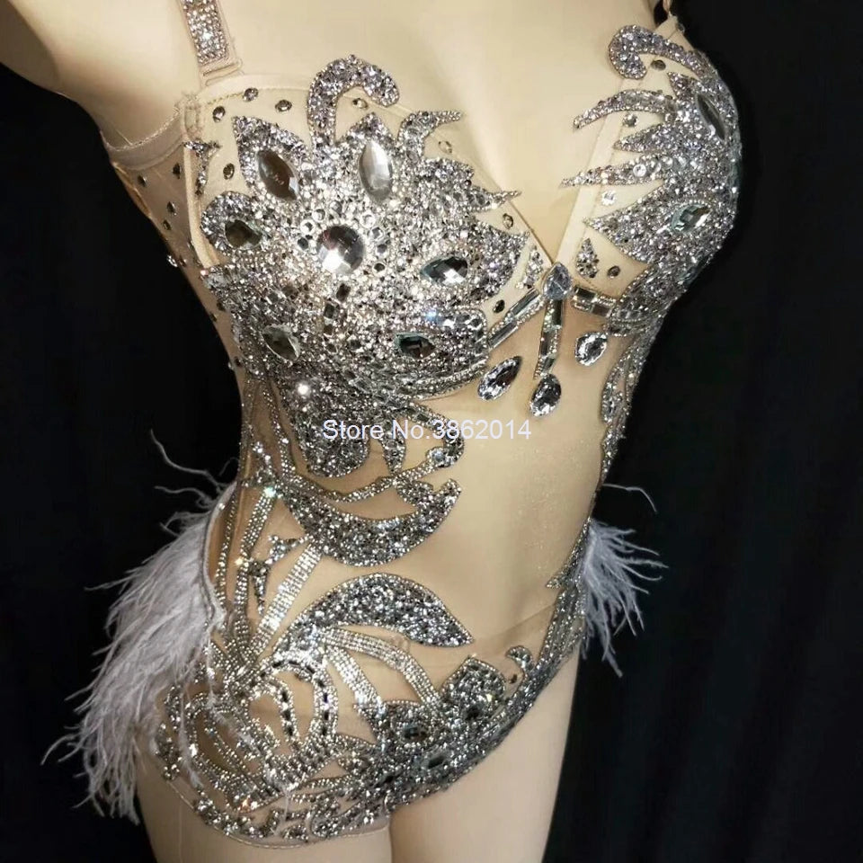 Sparkly Gold Crystals Feather Women Bodysuit