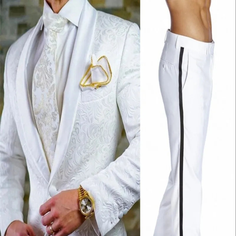 White Pattern Groom Tuxedos Shawl Satin Lapel Men Suits 2 Pieces Wedding Bridegroom (Jacket + Pants + Tie)