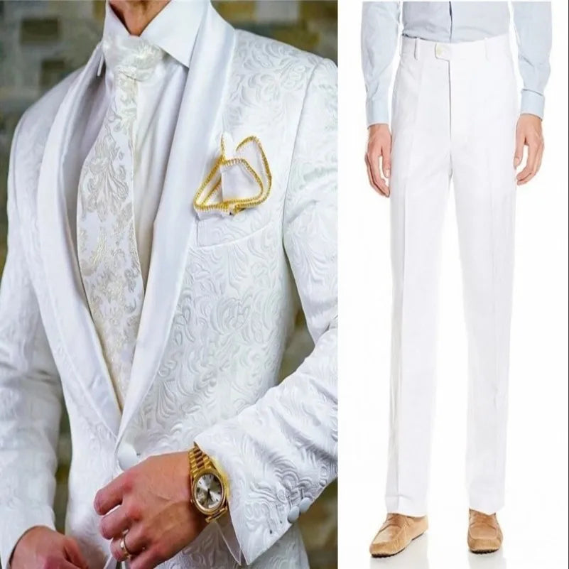 White Pattern Groom Tuxedos Shawl Satin Lapel Men Suits 2 Pieces Wedding Bridegroom (Jacket + Pants + Tie)