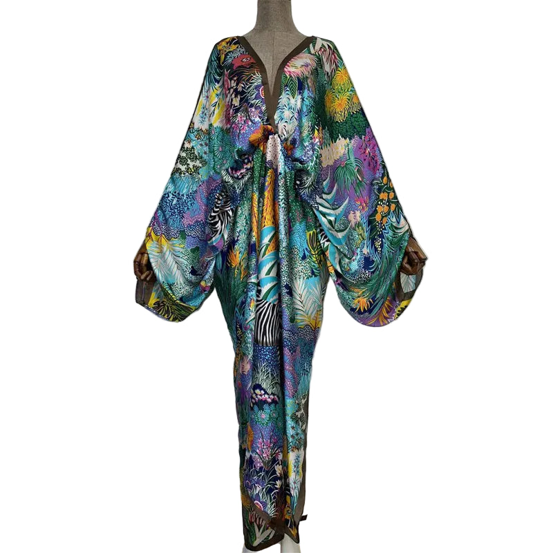 Sexy Silk Long Maxi Robe Women V-neck Bohemian Dress
