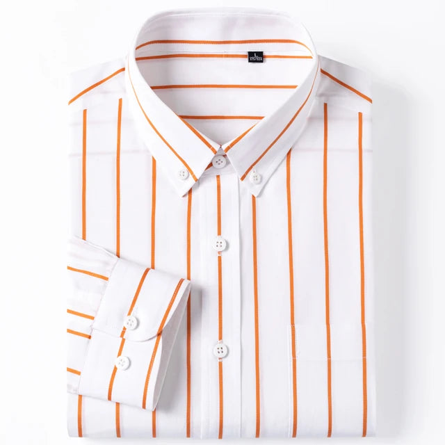 England Style Soft 100% Cotton Fashion Shirts Single Patch Pocket Long Sleeve Standard-fit Button-down Man Casual Striped Shirt