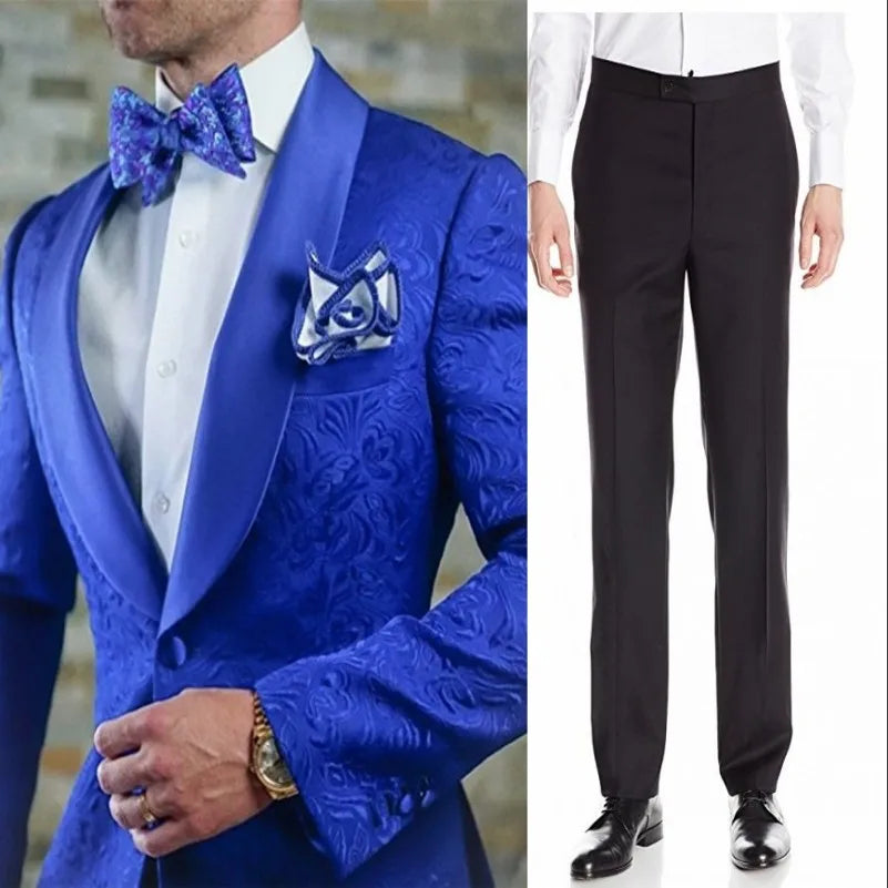 White Pattern Groom Tuxedos Shawl Satin Lapel Men Suits 2 Pieces Wedding Bridegroom (Jacket + Pants + Tie)