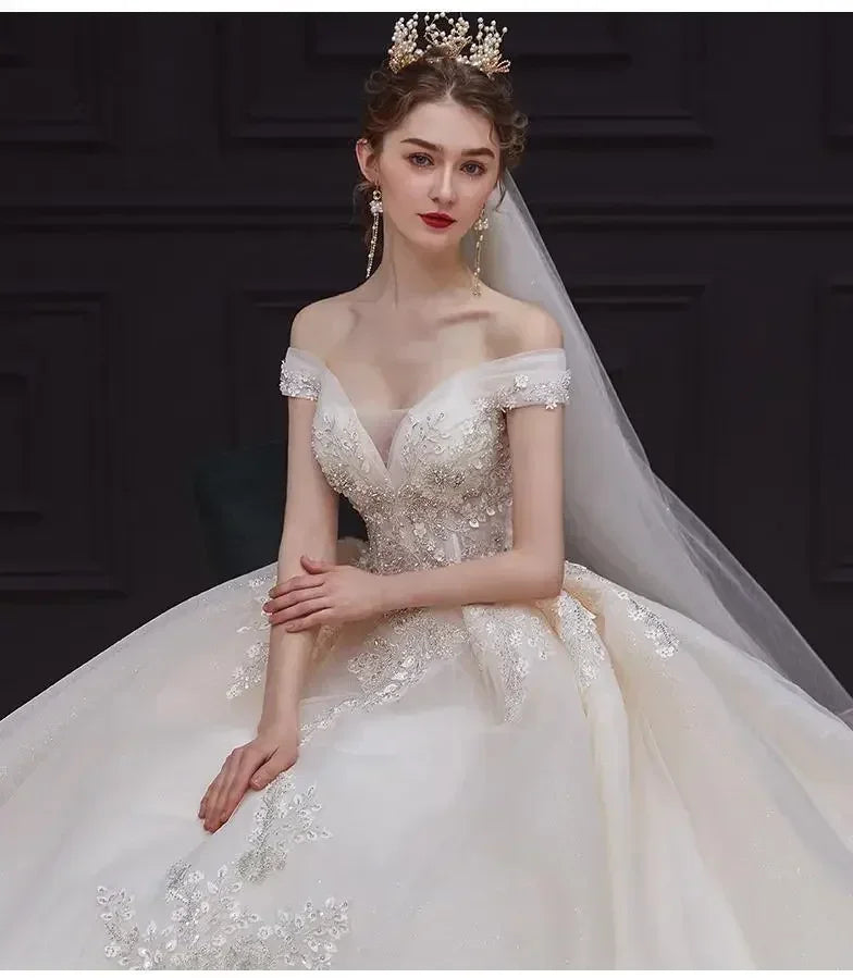 Luxury Off-Shoulder Wedding Dress - Handmade Lace Ball Gown