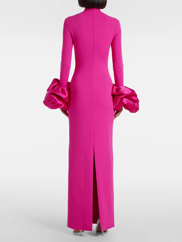 Elegant Pink High Neck Women Maxi Dress Spring Long Ruffle Sleeve Plus Size