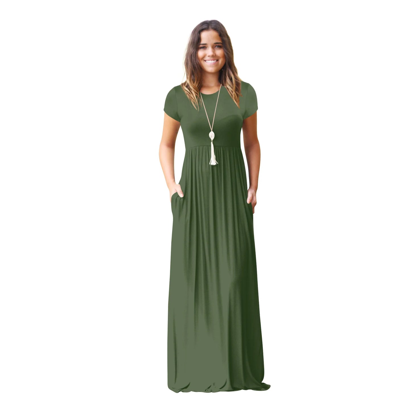 Women Summer Casual Plain Maxi Solid Dress Short Sleeve