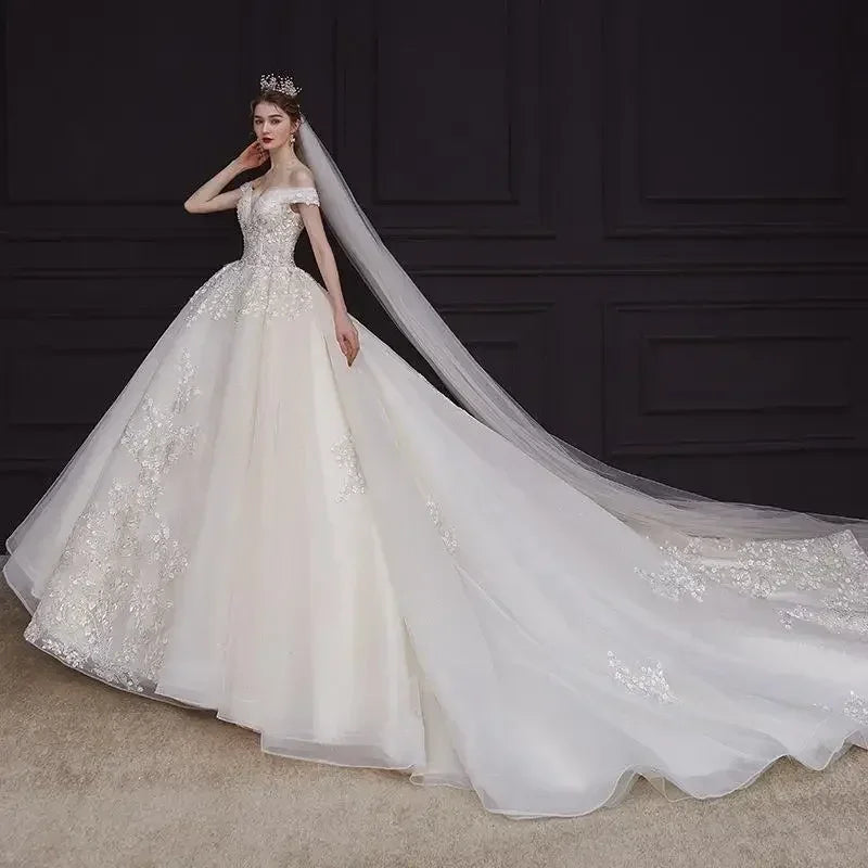 Luxury Off-Shoulder Wedding Dress - Handmade Lace Ball Gown
