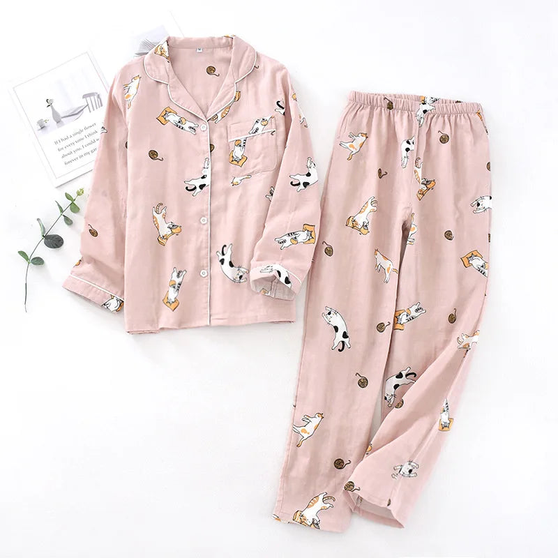 Japanese spring and autumn couples cotton gauze pajamas suit men Women cotton four seasons long-sleeved trousers